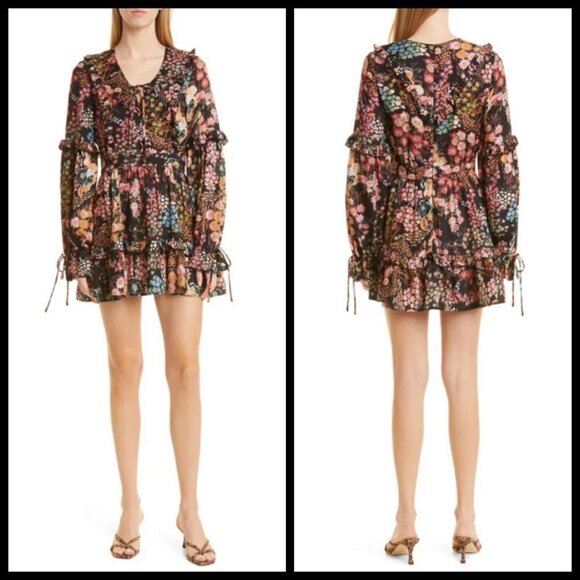 💕TED BAKER💕 Hendria Ruffled Crepe Mini Dress ~ Black Floral Print 4-6 US NWT - Picture 8 of 16